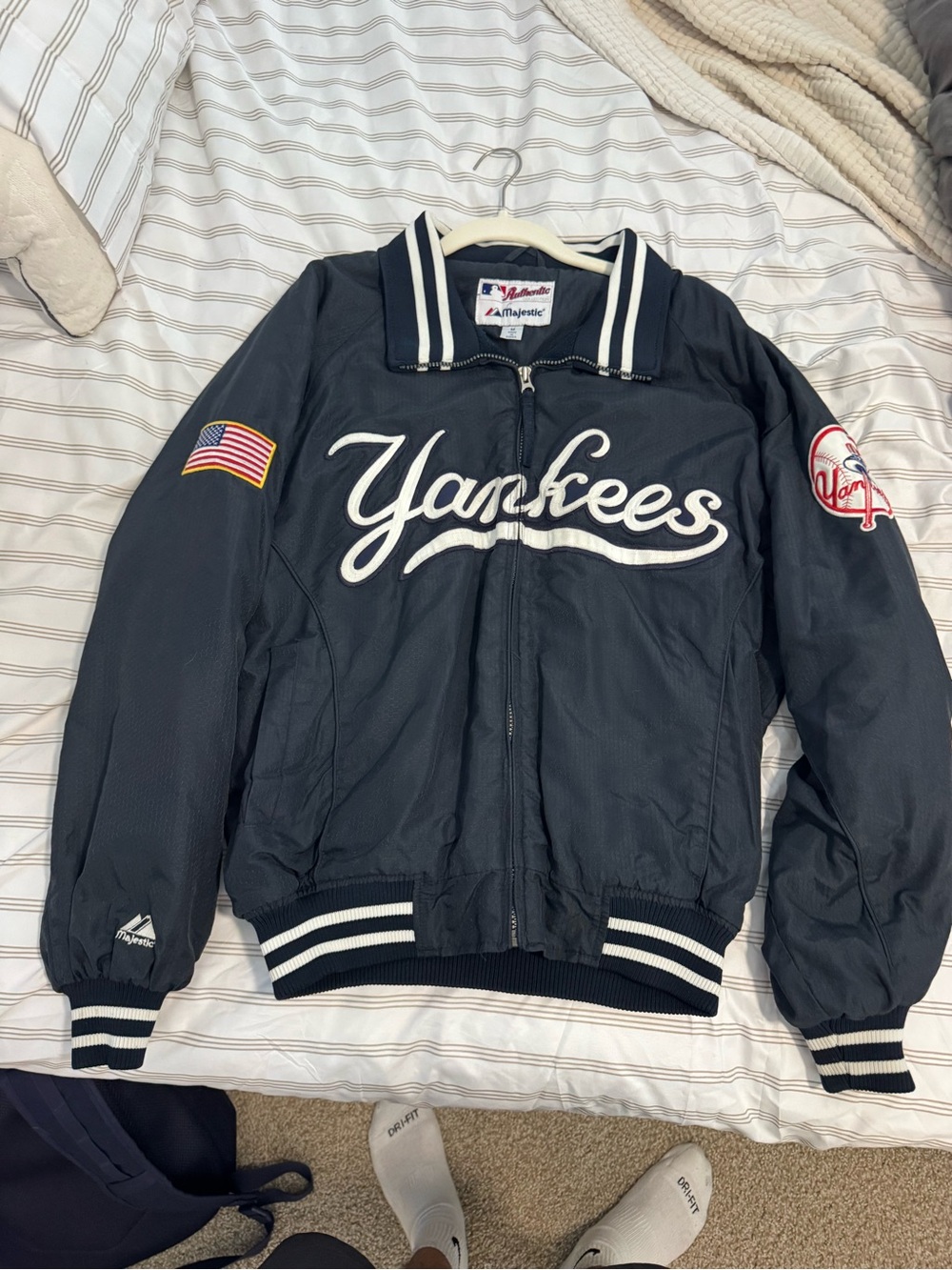 Majestic Navy Yankees Script Bomber Jacket with White Trim